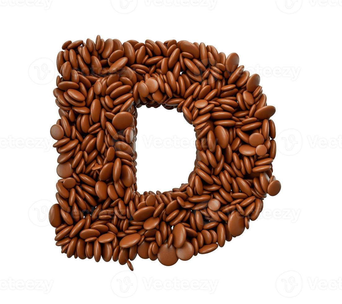 letter d gemaakt van chocolade gecoate bonen chocolade snoepjes alfabet woord d 3d illustratie foto