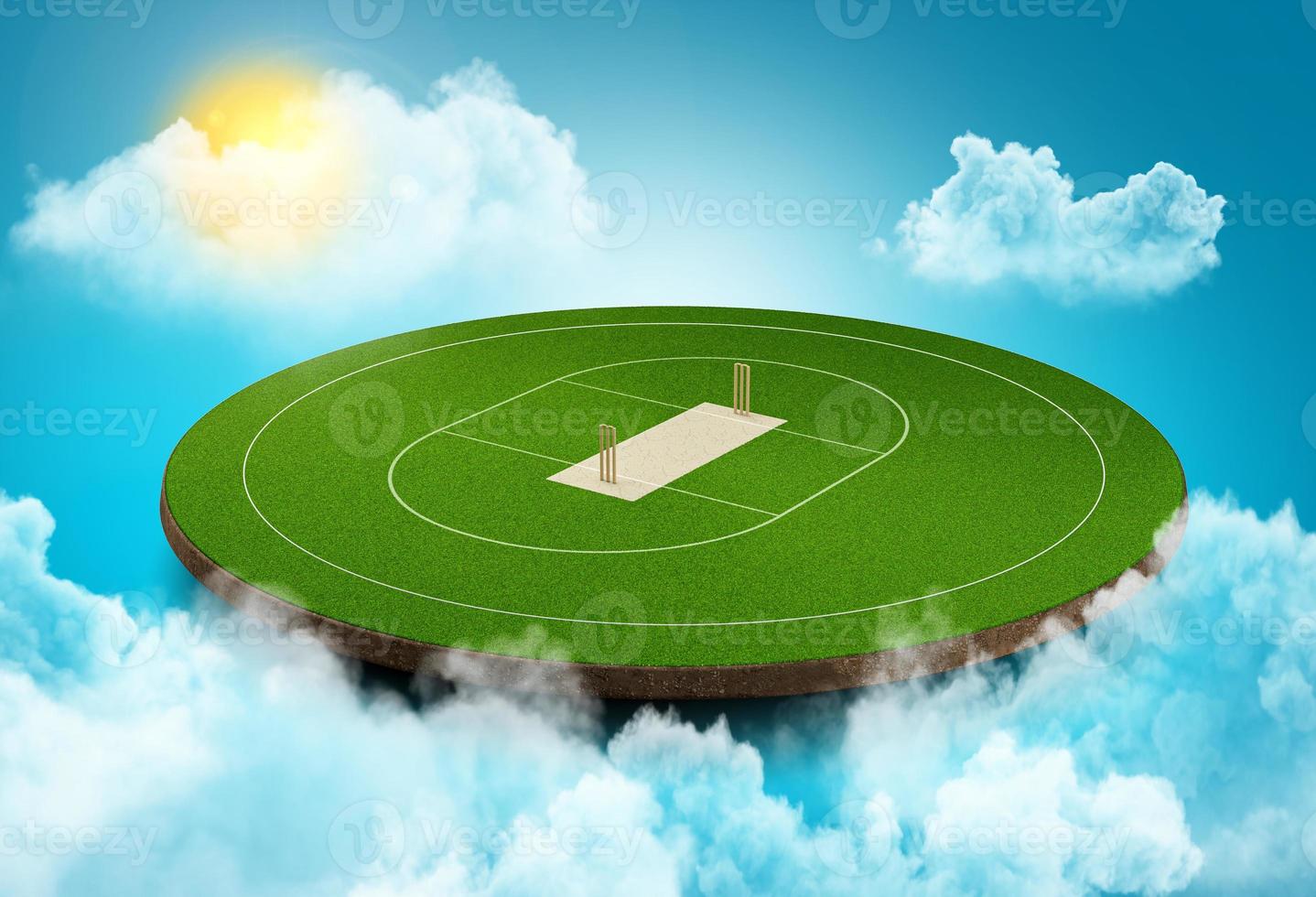 cricketveld in de lucht wolken bewegend zonlicht lens flare 3d illustratie foto