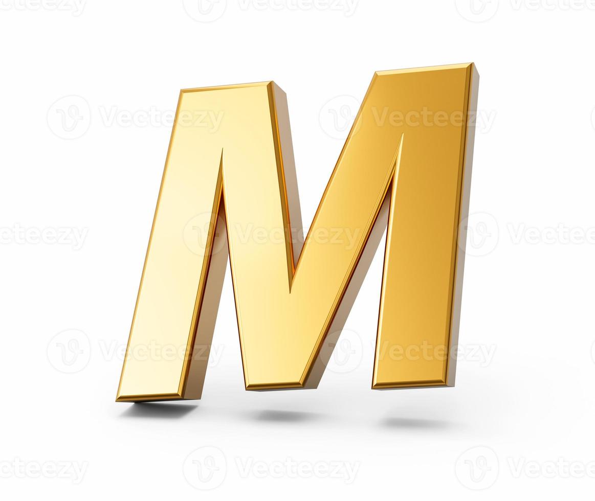gouden alfabet m op witte geïsoleerde achtergrond 3d gouden letters cijfers 3d illustratie foto