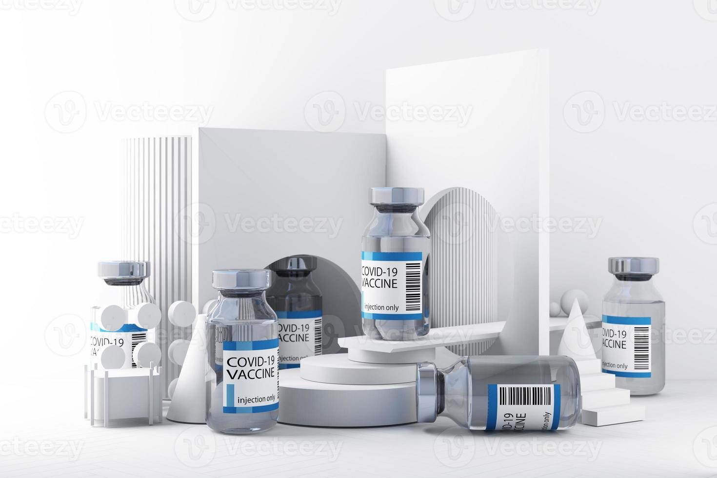 covid-19 zelftestkit met vaccin en medicijnen op de achtergrond. 3D-rendering foto