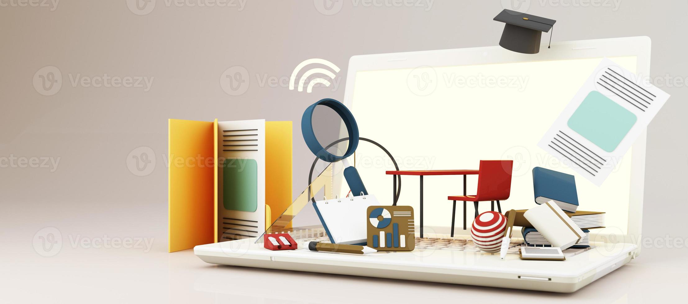 e-learning concept met laptop en wifi-symbool omringd door afgestudeerde pet, open boeken, ballon, liniaal, statistische grafiek, potlood en vergrootglas op blauwe en gele kleurtoon 3d render foto