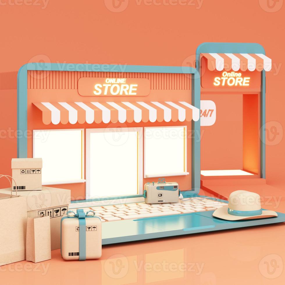 markt online illustratie, 3D-stijl internet multi-vendor winkel op laptop computer en telefoon scherm met multi-vendor winkels winkel aanmelden oranje tinten en open 24 uur 3D-rendering illustratie foto