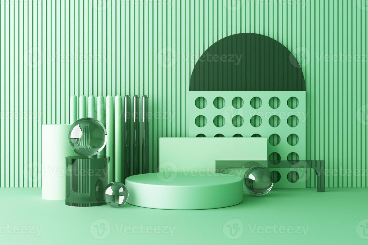minimale abstracte geometrische achtergrond met direct zonlicht in de kleuren groen en geel. showcasescène met leeg podium voor productpresentatie 3D-rendering foto