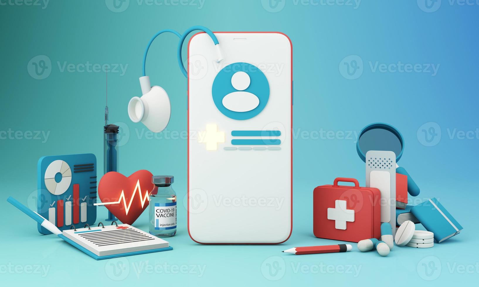ziektekostenverzekering concept met woorden dekking, bescherming, risico en veiligheid online geneeskunde op een virtueel scherm en een cartoon houten hand aanraken van een knop, geïsoleerd op blauwe achtergrond 3D-rendering foto