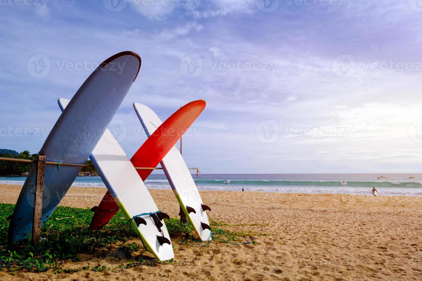 surfplanken te huur op het strand. Phuket, Thailand. foto