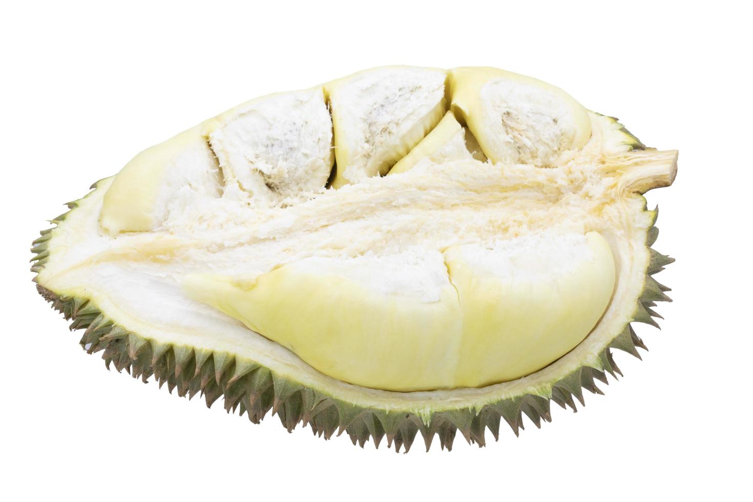 de helft van durian fruit geïsoleerd op een witte achtergrond foto