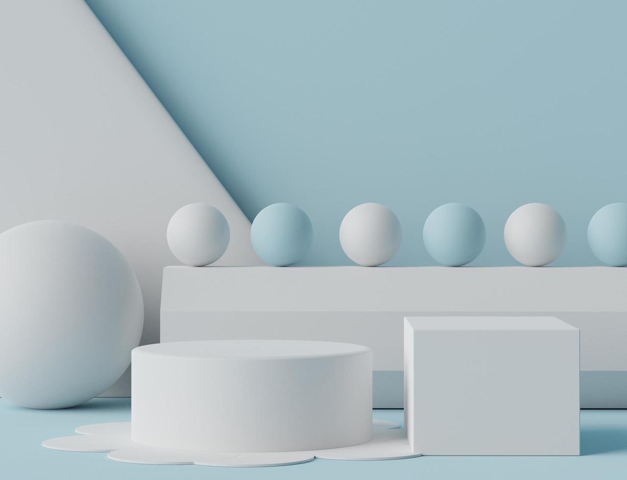 3D-weergave van leeg podium in blauw witte kleur. leeg voetstuk en winkelpui met strak ontwerp. minimale scène voor productweergave. foto