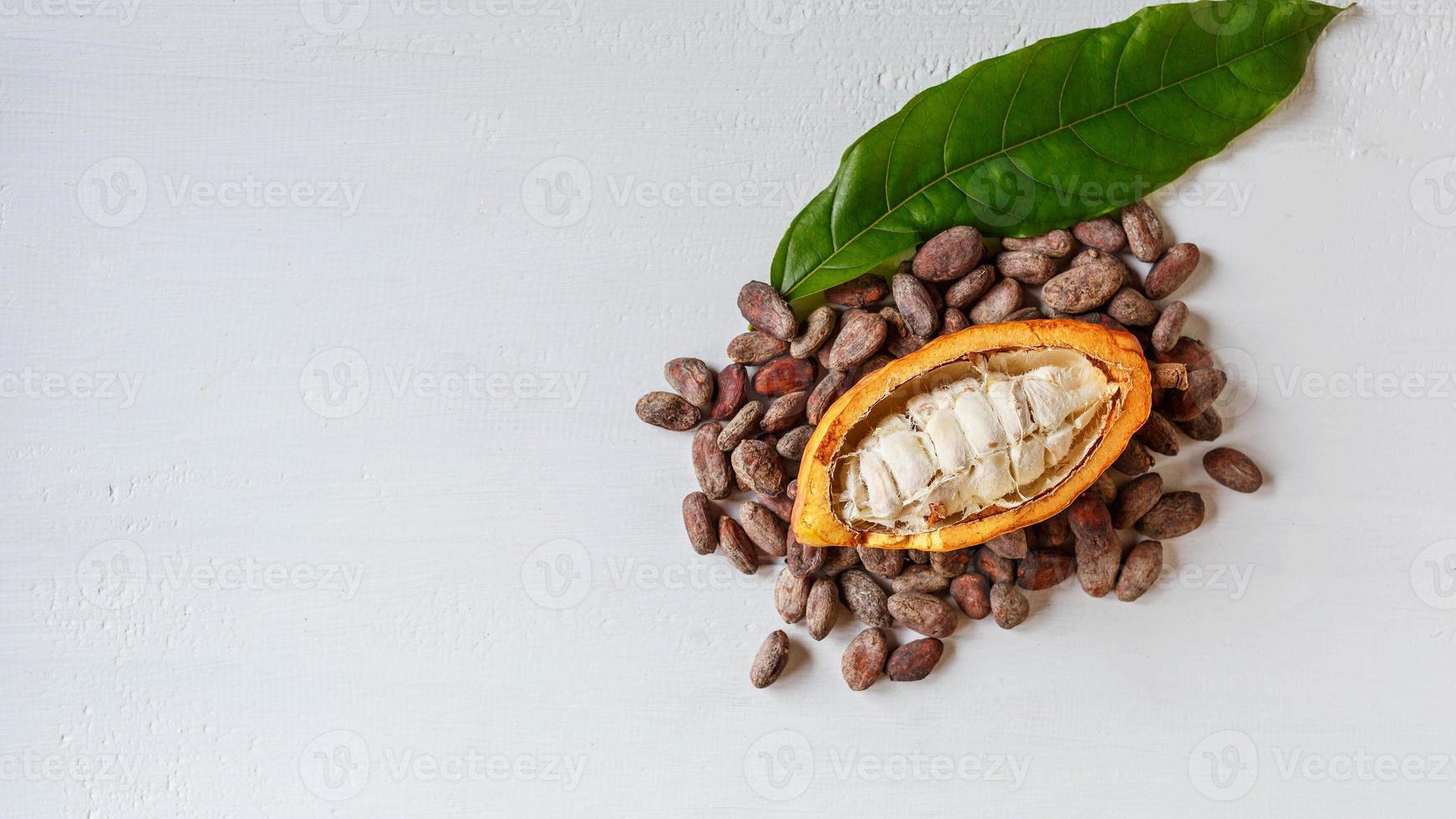 halve cacao peulen en cacao fruit met bruine cacaobonen foto