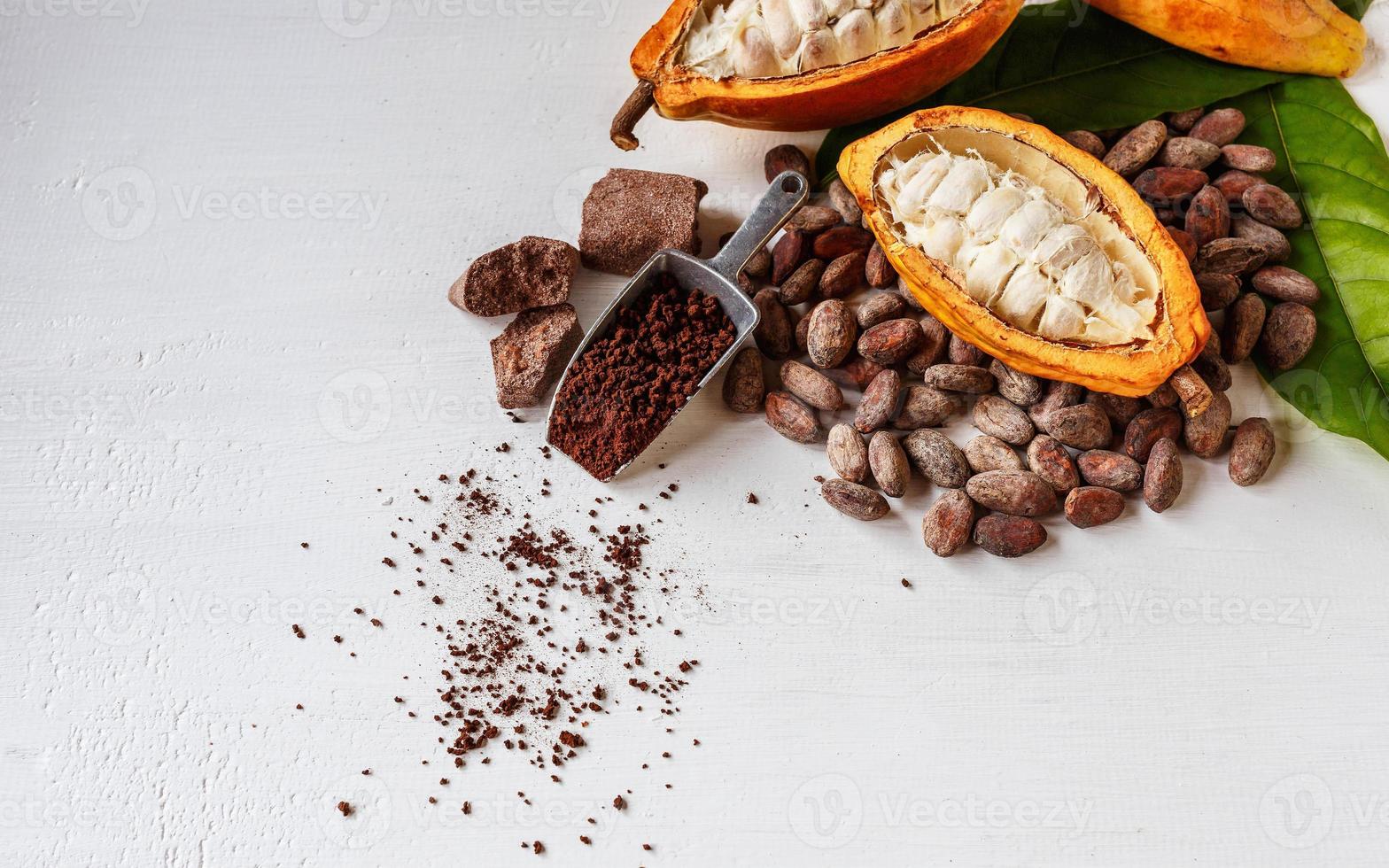 halve cacao peulen met cacaovruchten en bruin cacaopoeder foto