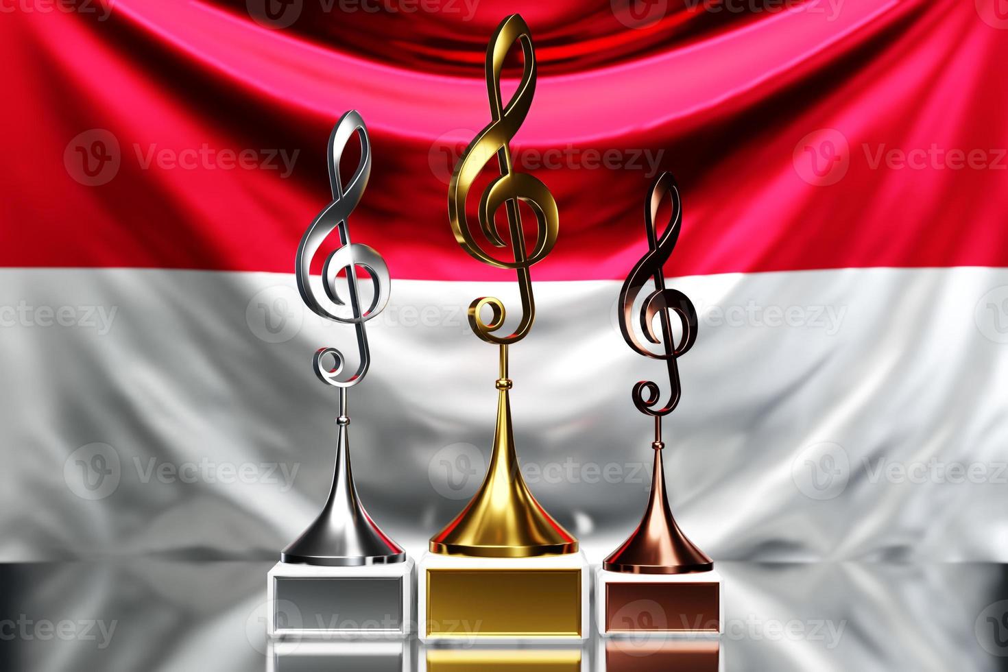 treble clef awards voor het winnen van de muziekprijs tegen de achtergrond van de nationale vlag van monaco, 3d illustratie. foto