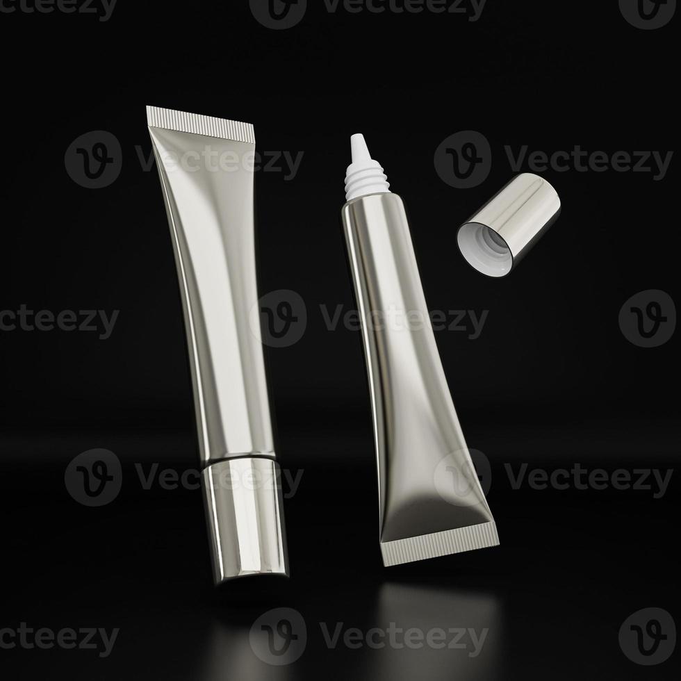 crème buis sjabloon. blanco verpakking voor vloeibare cosmetische producten. make-up zorg cosmetica fles zilver metalen body cap 3d illustratie foto