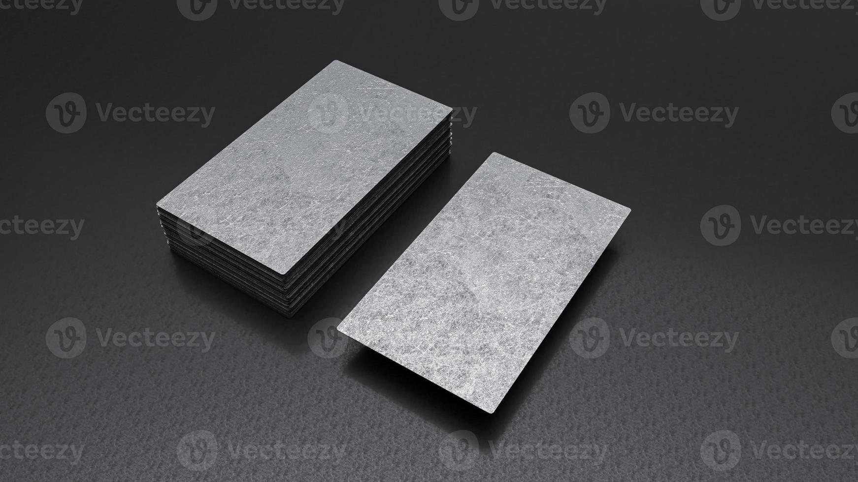 aluminium draagbare hardmetalen kaart gegalvaniseerde visitekaartjes op een donkere vloer. 3D-rendering foto