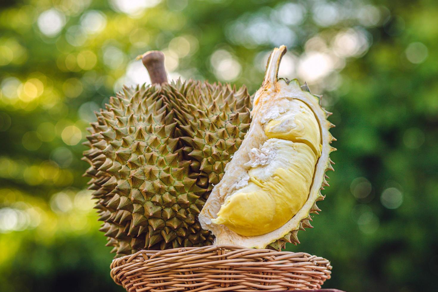 durian gerijpt en vers, durian schil met gele kleur op houten tafel. foto