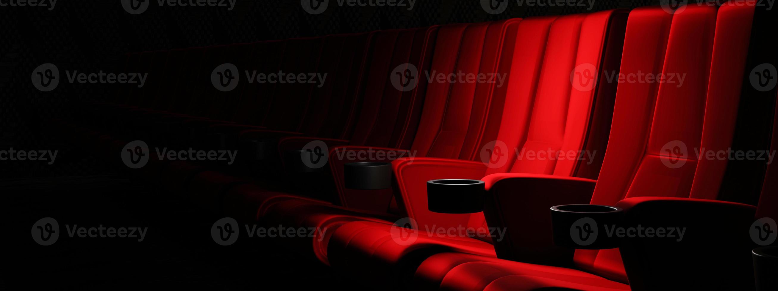 rijen rood fluwelen stoelen kijken naar films in de bioscoop met kopie ruimte banner achtergrond. entertainment- en theaterconcept. 3D illustratie weergave foto