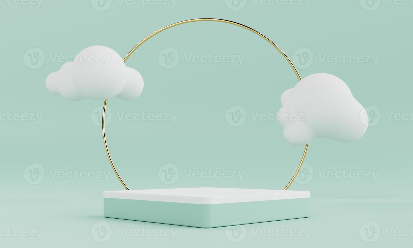 minimaal productpodium in pastelgroene kleur en geometrische vorm en minimale wolk voor presentatieachtergrond. abstracte achtergrond en decoratie sjabloon concept. 3D illustratie weergave foto