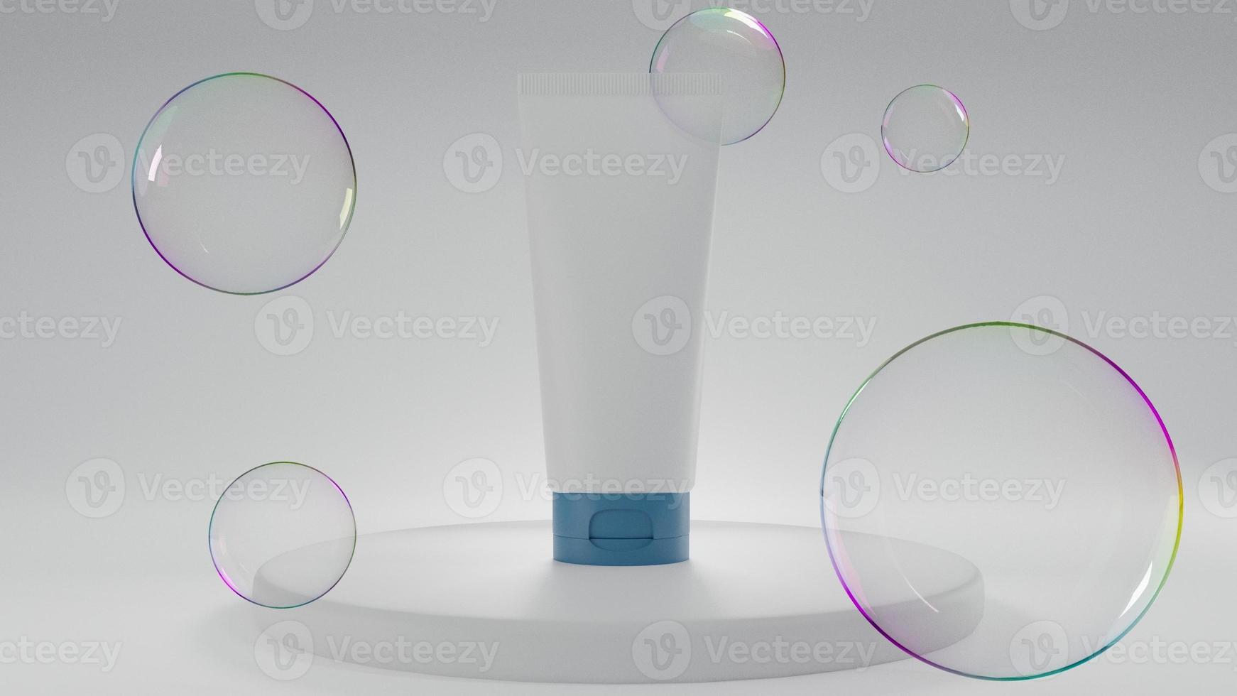 verschillende lege cosmetische container mock-ups met zeepbel zeep, plastic crème tube.beauty productpakket geïsoleerd op een witte background.3d illustratie foto