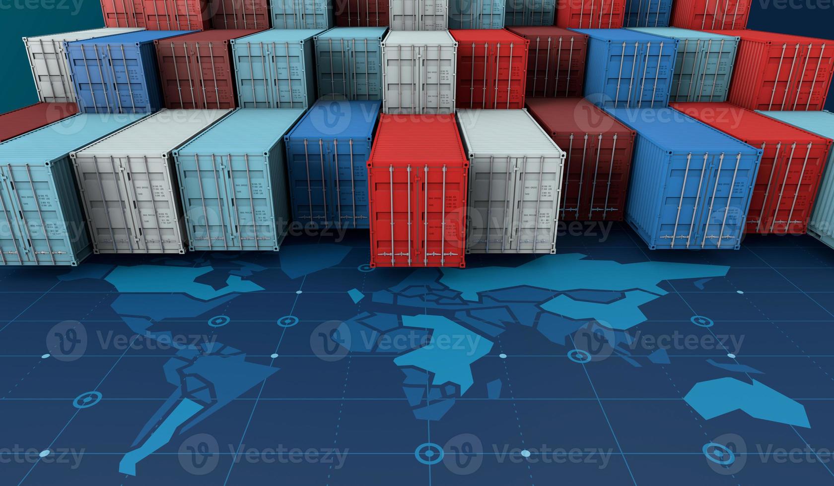 containervrachtschip in import export zakelijke logistiek op digitale wereldkaart foto
