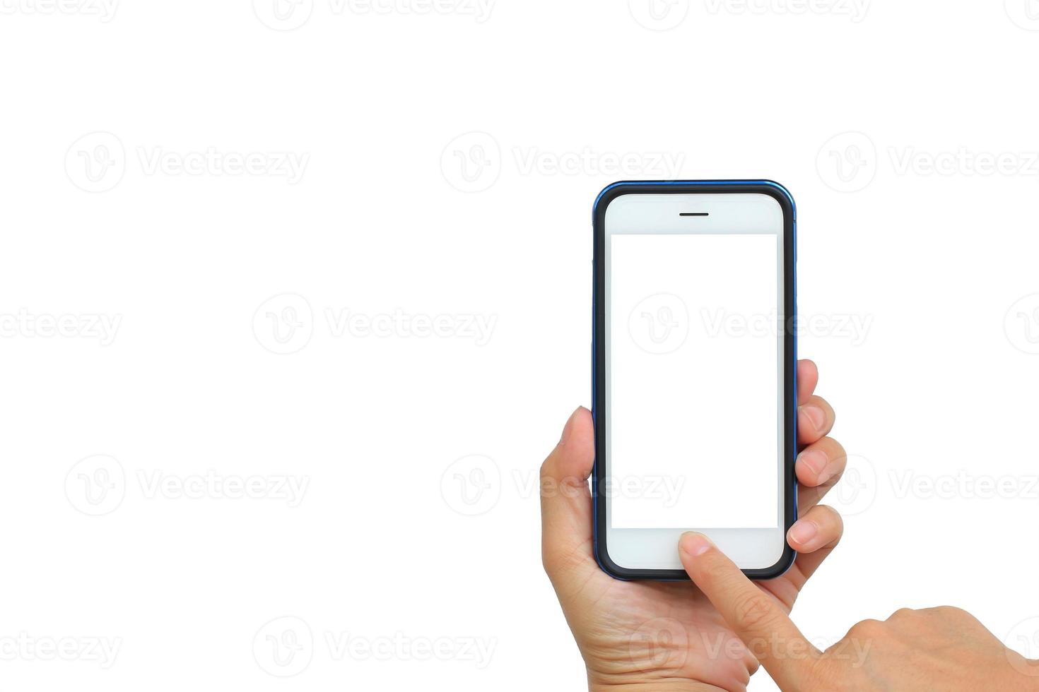 foto nemen met mobiele telefoon op witte achtergrond, hand met mobiele smartphone met leeg scherm.