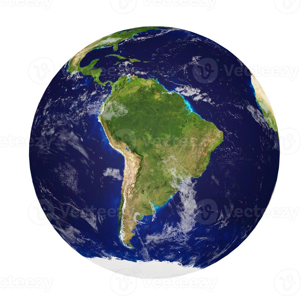 planeet aarde met wolken geïsoleerd op een witte achtergrond, continenten van Zuid-Amerika. elementen van deze afbeelding geleverd door nasa. 3D-rendering. foto