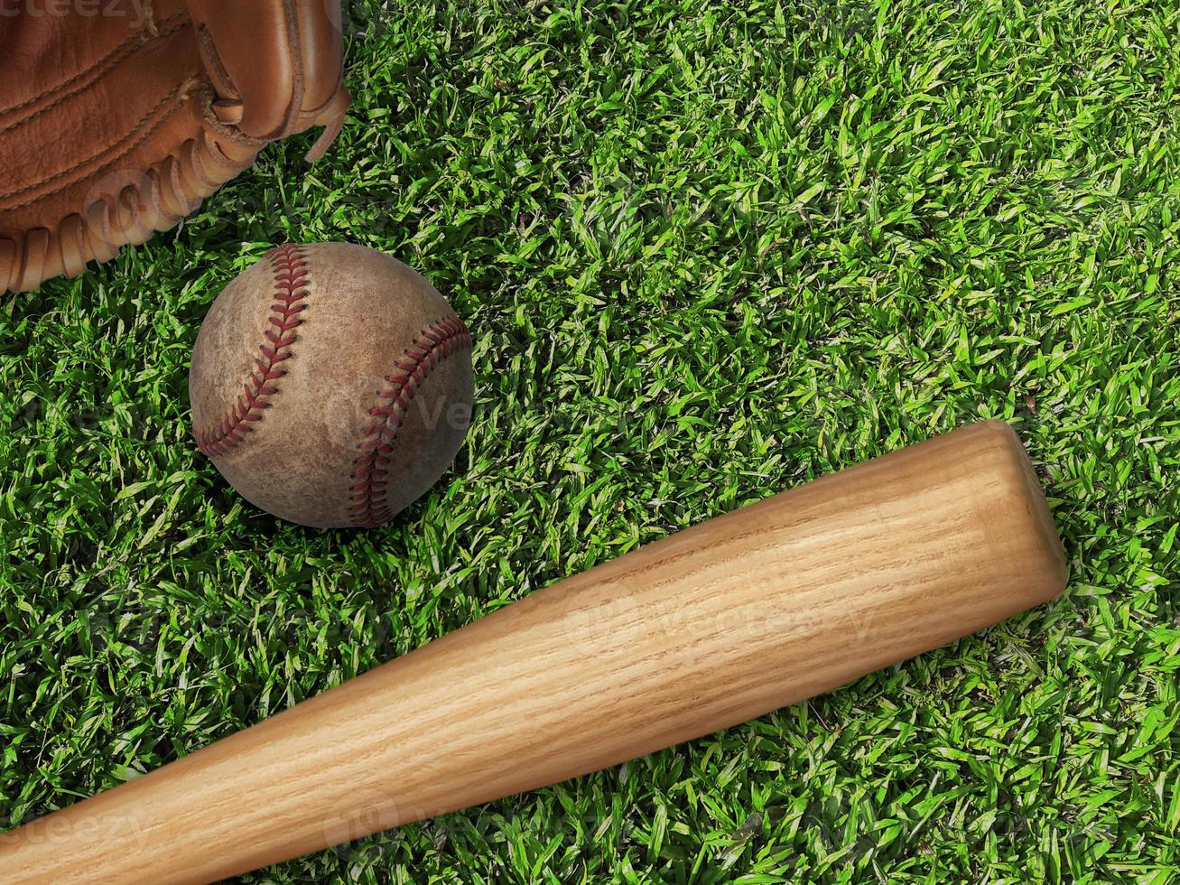 honkbal, handschoen, bal en knuppel op veld foto