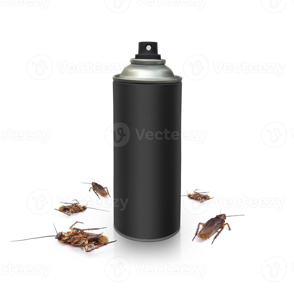 spray, insecticide en kakkerlak geïsoleerd op een witte achtergrond foto