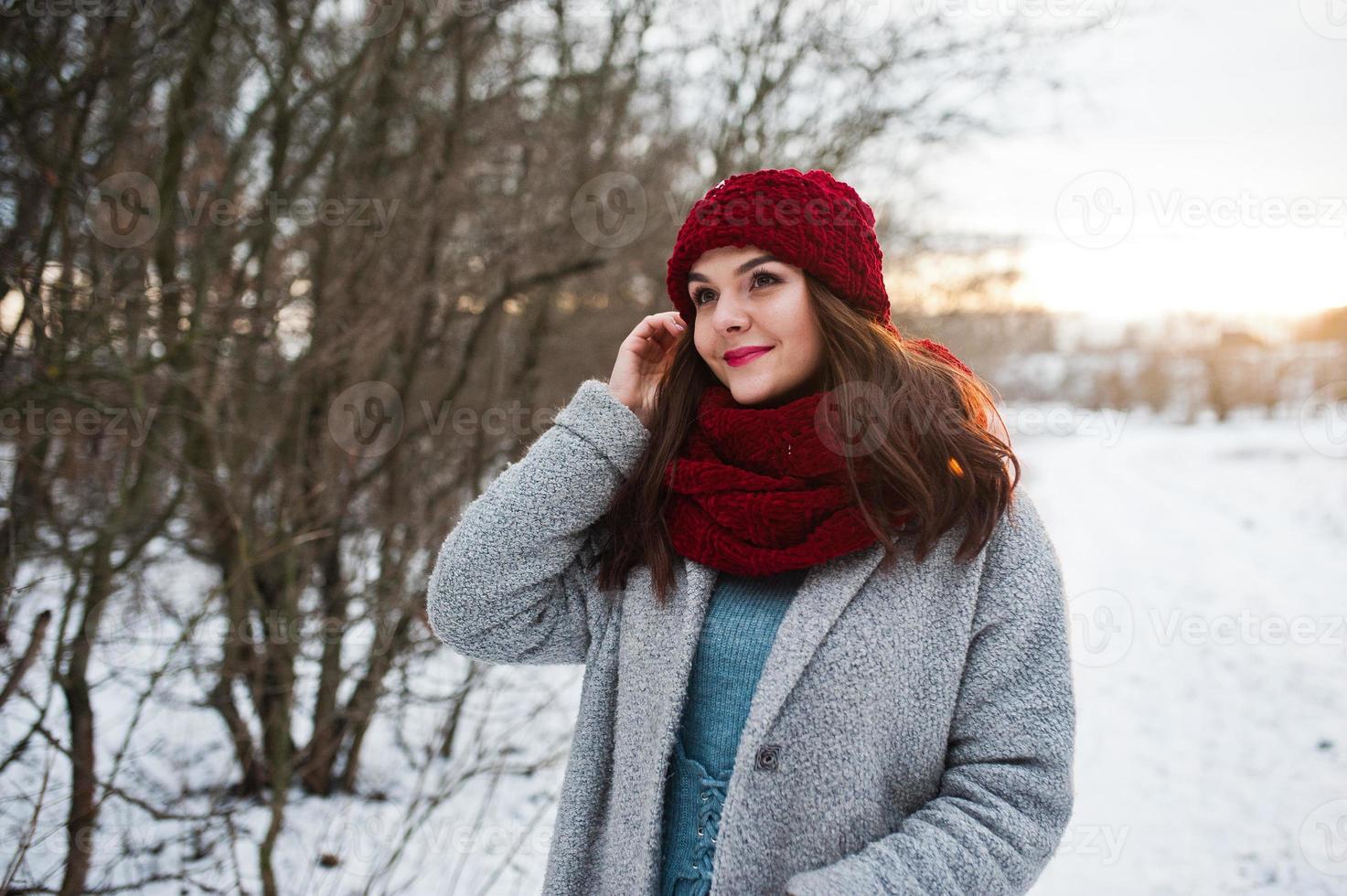 portret van zachtaardig meisje in grijze jas, rode muts en sjaal in de buurt van de takken van een besneeuwde boom. foto