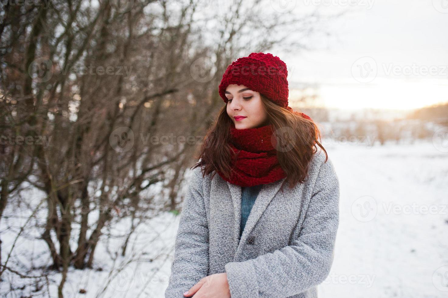 portret van zachtaardig meisje in grijze jas, rode muts en sjaal in de buurt van de takken van een besneeuwde boom. foto