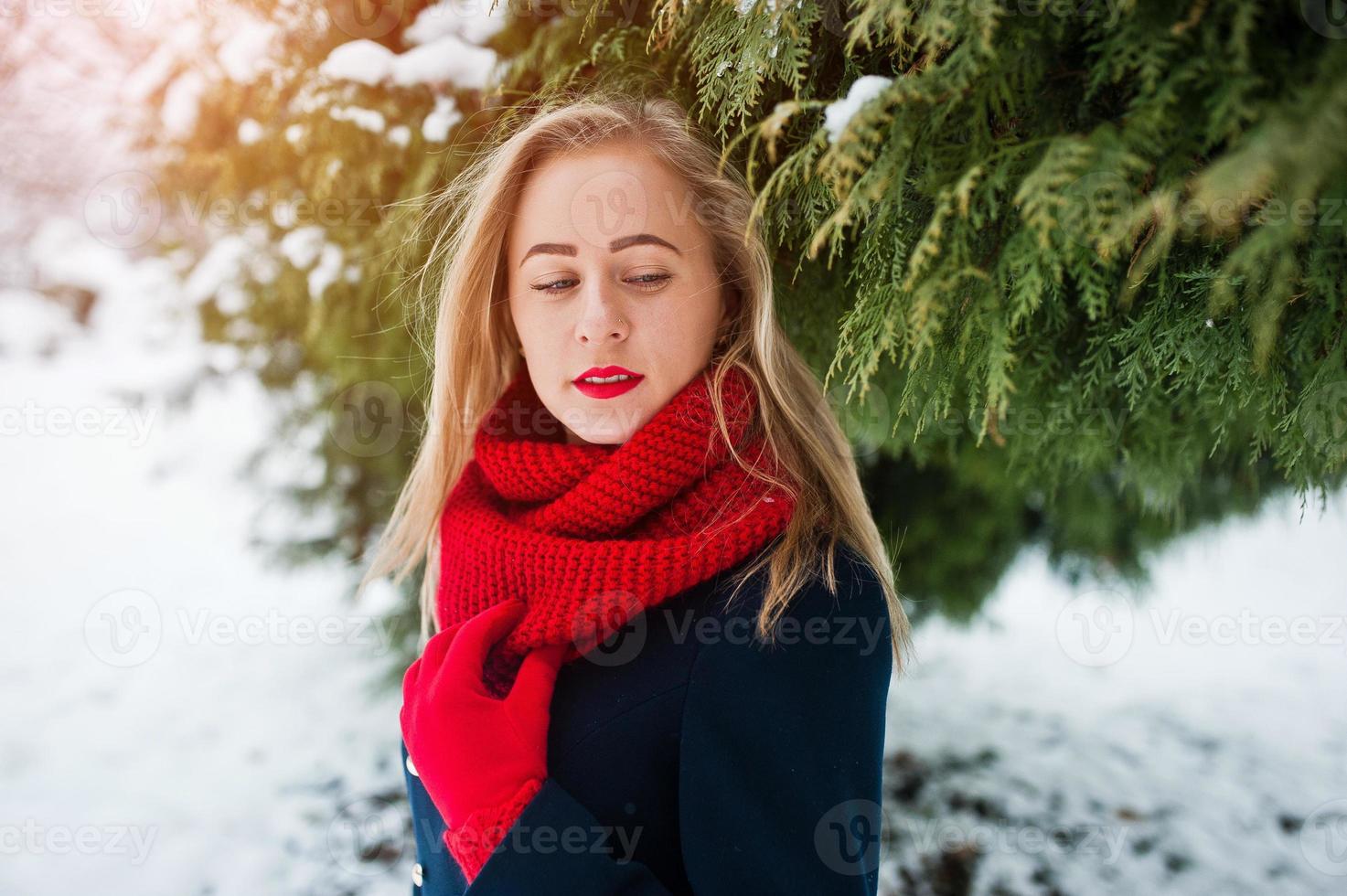 blond meisje in rode sjaal en jas wandelen in het park op winterdag. foto