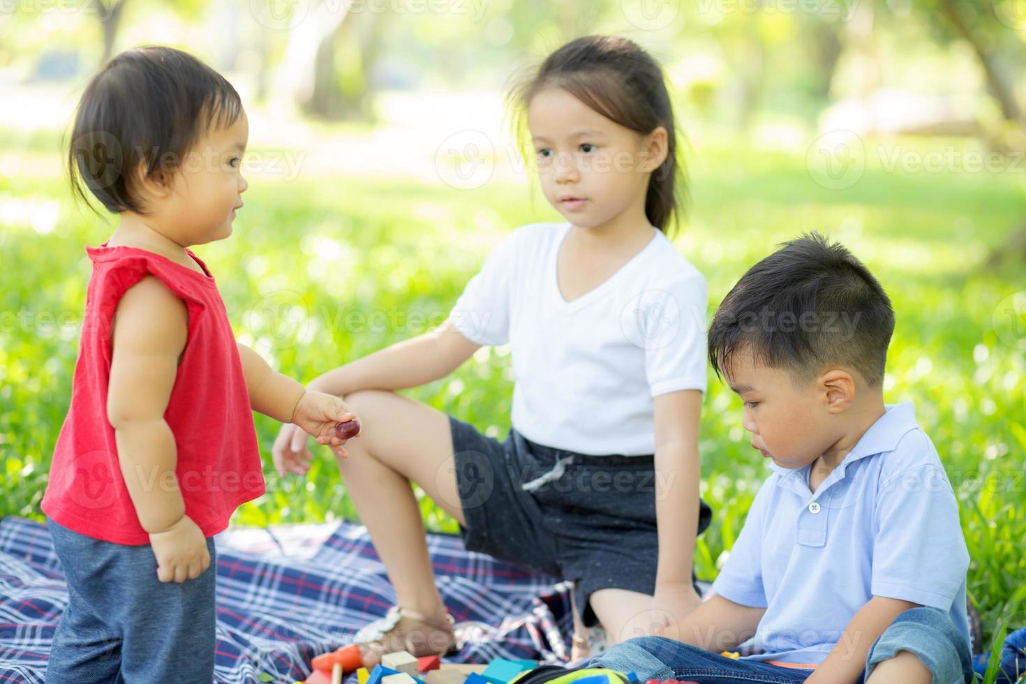 kleine jongen en meisje spelen voor idee en inspiratie met speelgoedblok, kind leren met bouwblok voor onderwijs, kinderactiviteit en spel in het park met gelukkig in de zomer. foto