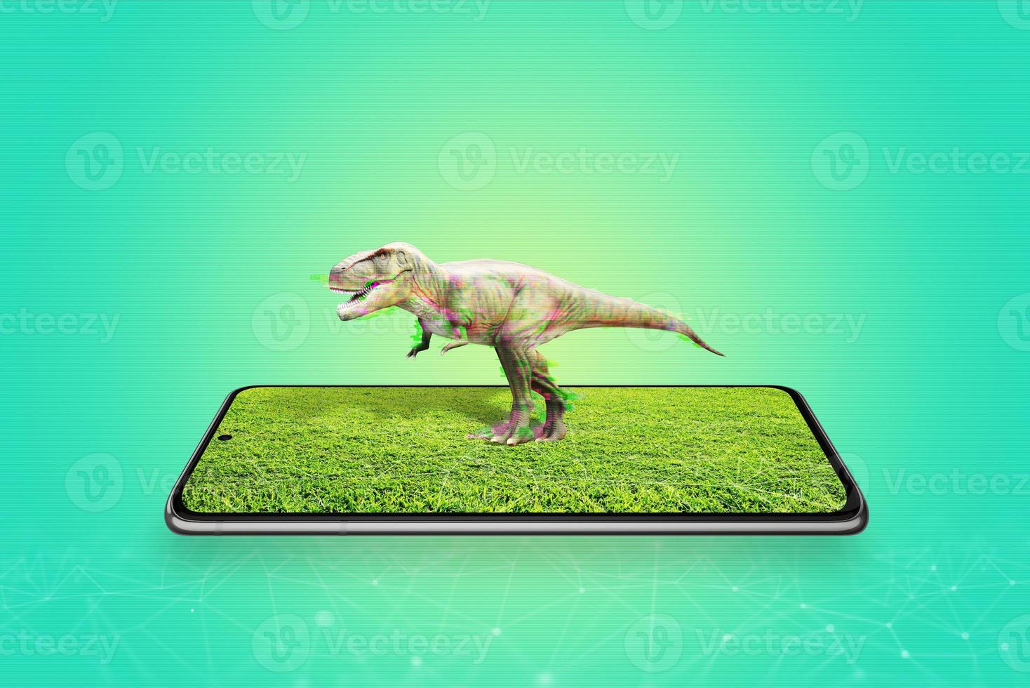 3D-projectie van een dinosaurus uit een weergaveconcept van een mobiele telefoon. augmented reality in het onderwijs foto