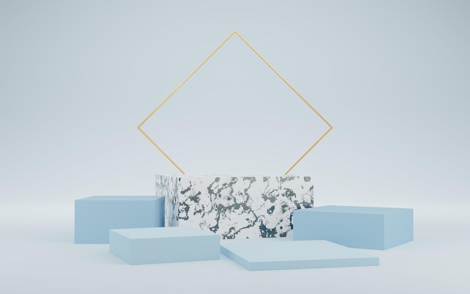 5 leeg wit marmeren kubuspodium en gouden vierkant op blauwe achtergrond. abstracte minimale studio 3d geometrische vormobject. mockupruimte voor weergave van productontwerp. 3D-rendering. foto