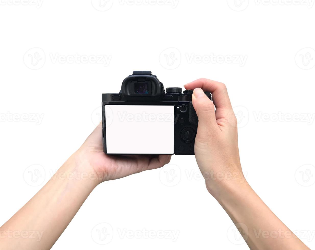camera vasthouden met geïsoleerde achtergrond foto