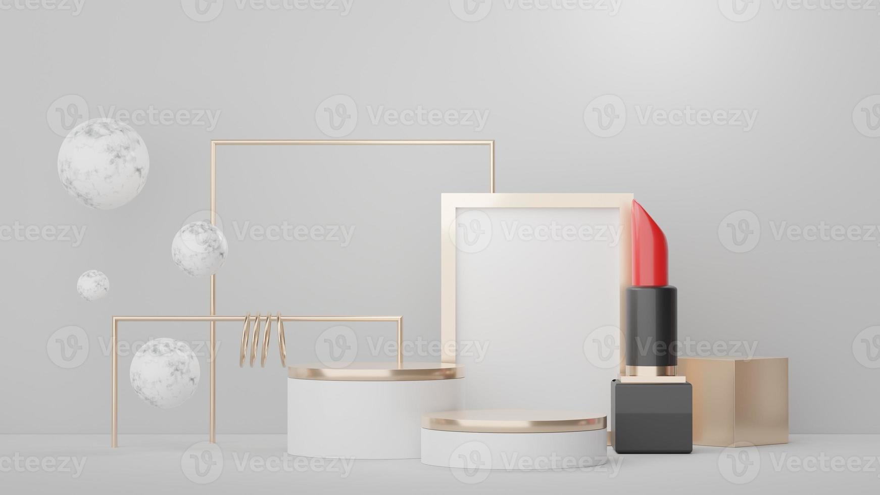 3D-displaypodium voor product- en cosmetische presentatie met lippenstift en moderne geometrische. platform voor mock-up en het tonen van merk. minimaal schoon ontwerp. rendering platform luxe scene. foto