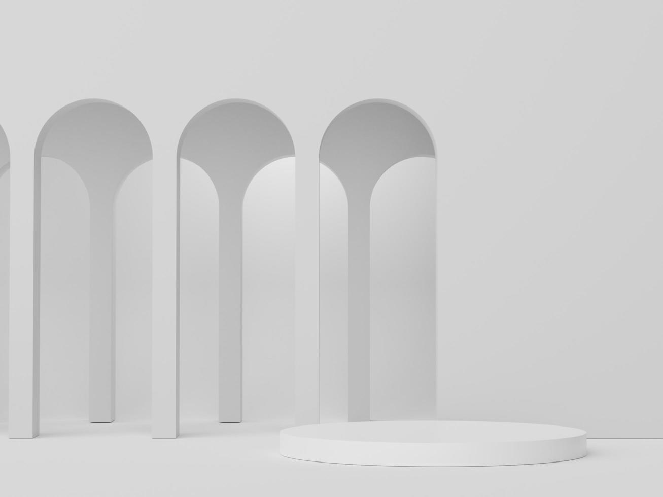 3D-weergave van minimaal display-podiumontwerp voor mock-up en productpresentatie. voetstuk podium met witte marmeren kleur scene. trendy ontwerp voor mock-up en webbanner. foto