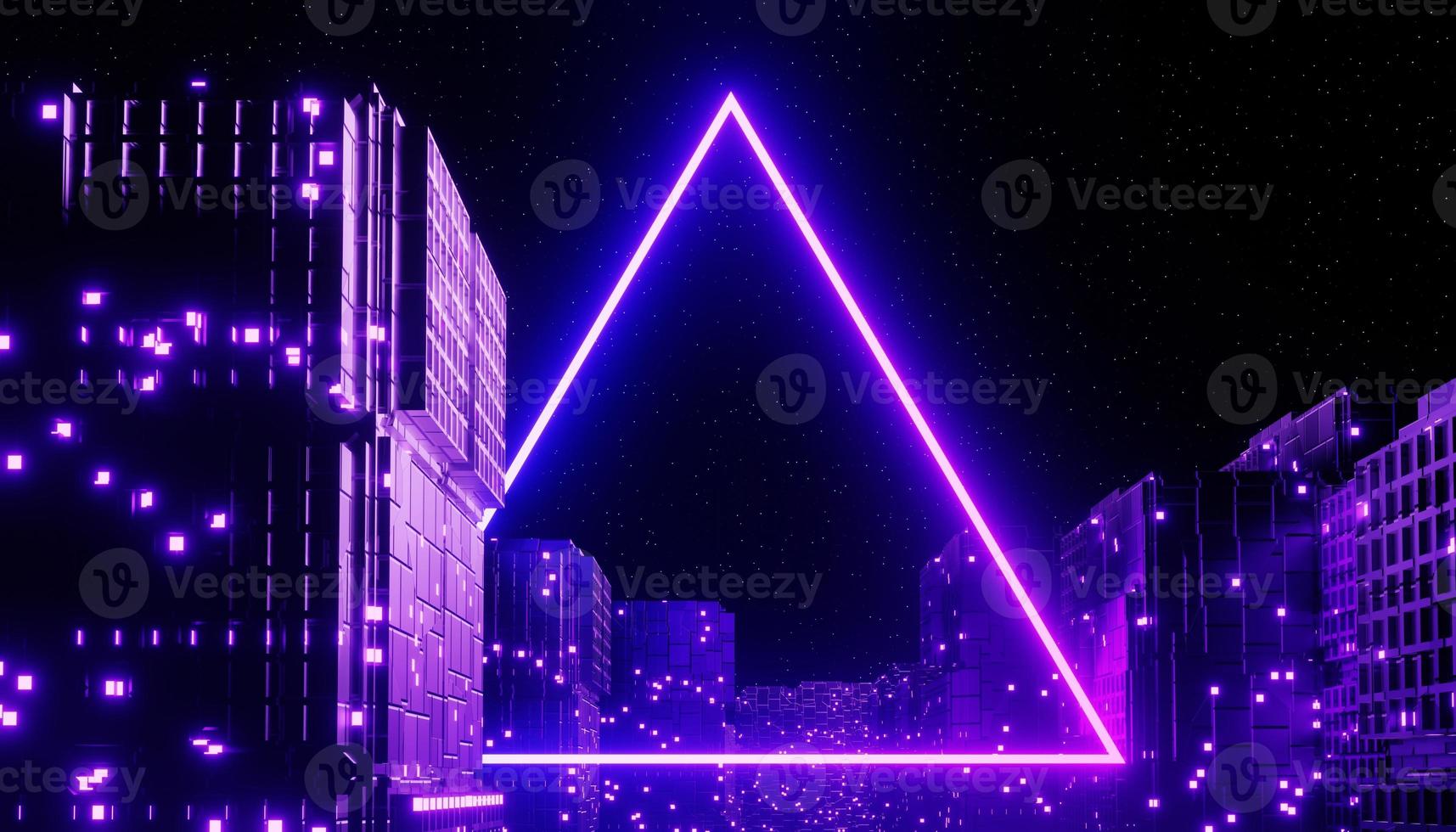 3D render van neon en licht gloeien op donkere scène. cyberpunk nacht stad concept. nachtleven. technologie netwerk voor 5g. voorbij generatie en futuristische scène. sci-fi patroon thema. foto