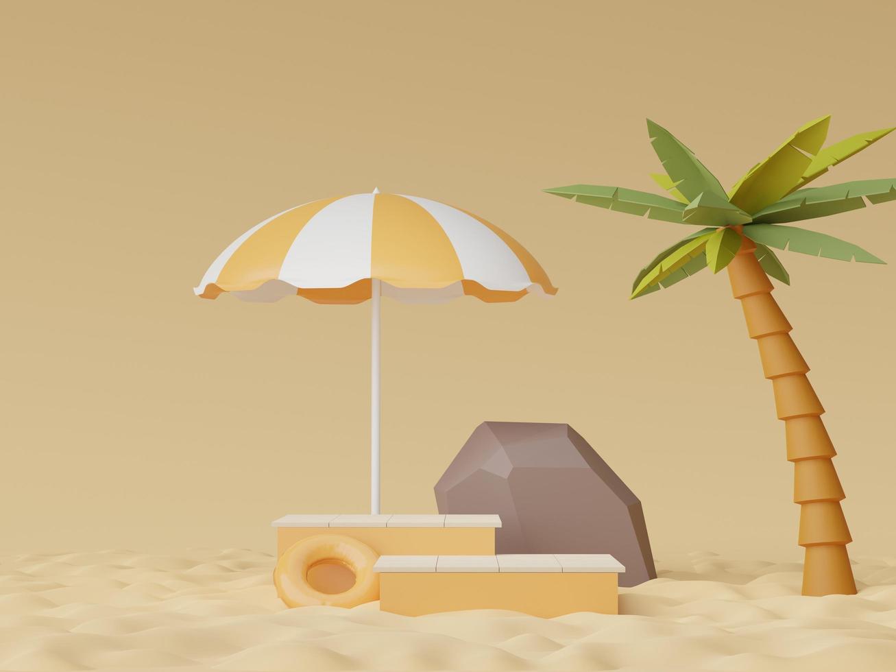 3D render van abstract minimaal display-podium voor het tonen van producten of cosmetische presentatie met zomerse strandscène. zomer tijd. foto