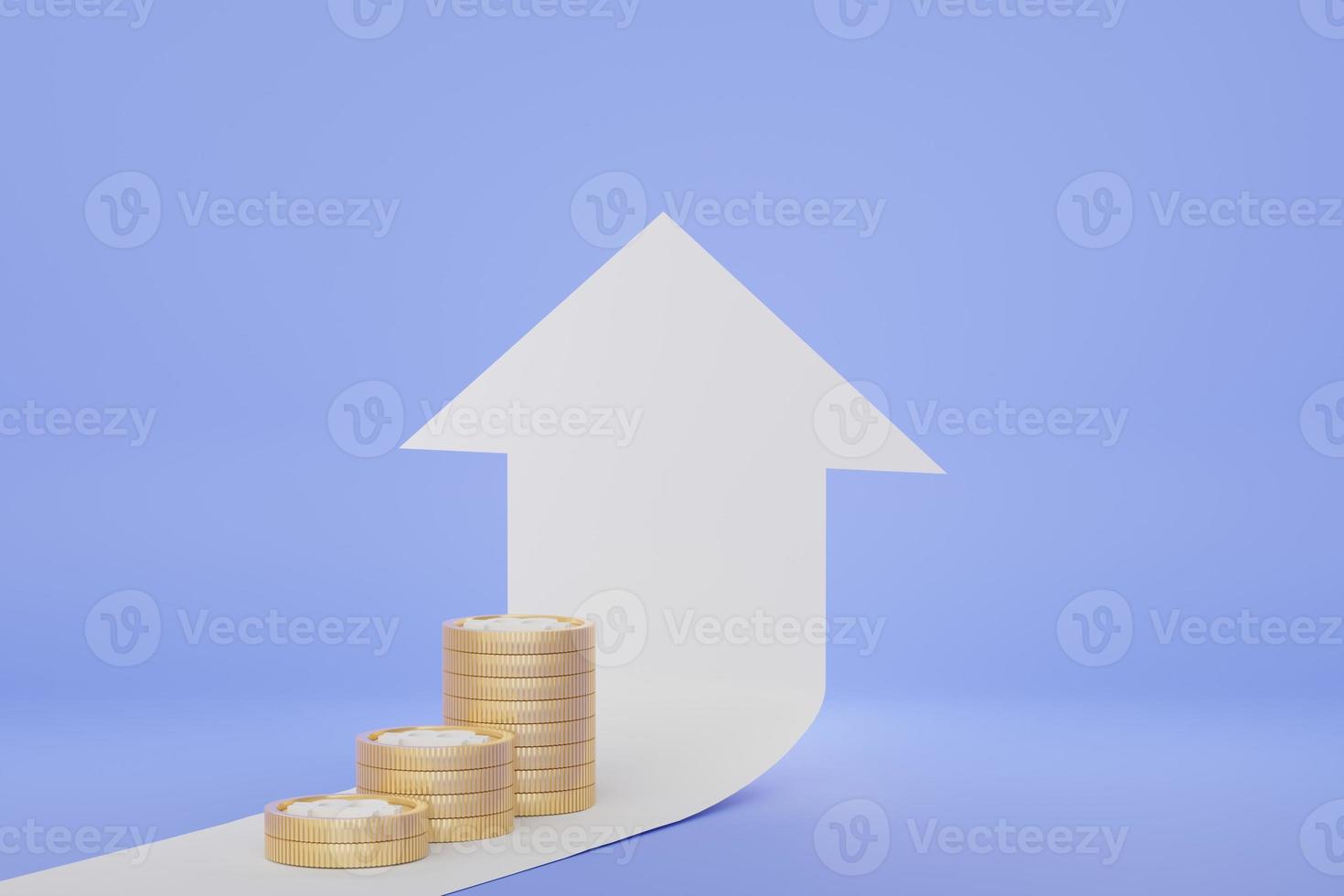 3D render van gouden munten stapel in geld te besparen voor doel concept. minimale pastelscène. groei financieel model voor mock-up en webbanner. foto