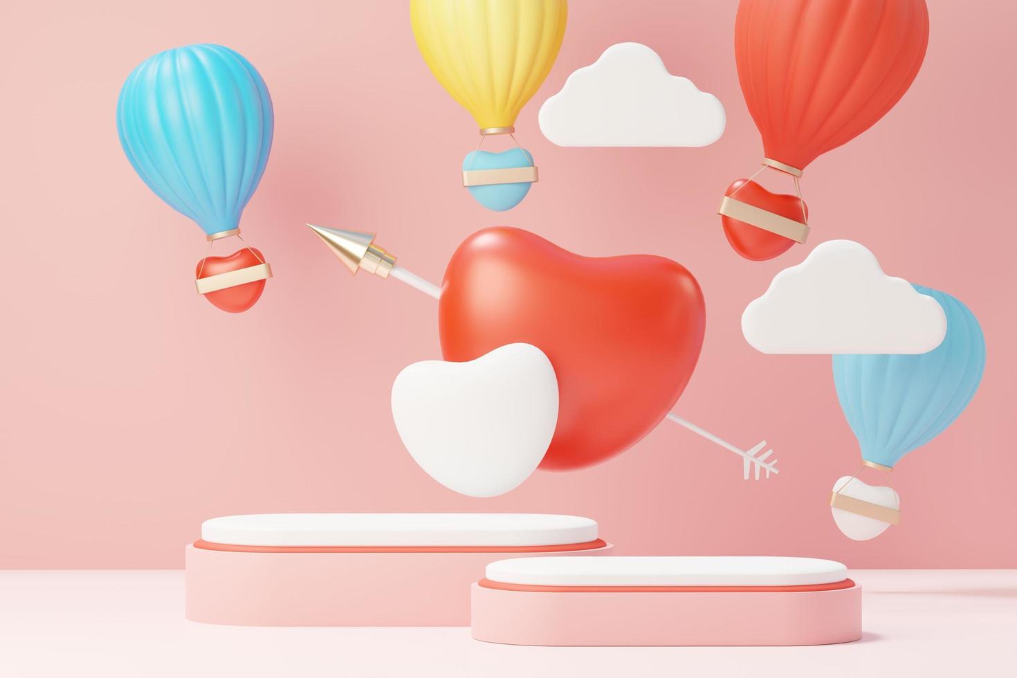 3D render minimale zoete scène met display-podium voor mock-up en productmerkpresentatie. roze voetstuk staat voor Valentijnsdag thema. schattige mooie hart achtergrond. de ontwerpstijl van de liefdesdag. foto