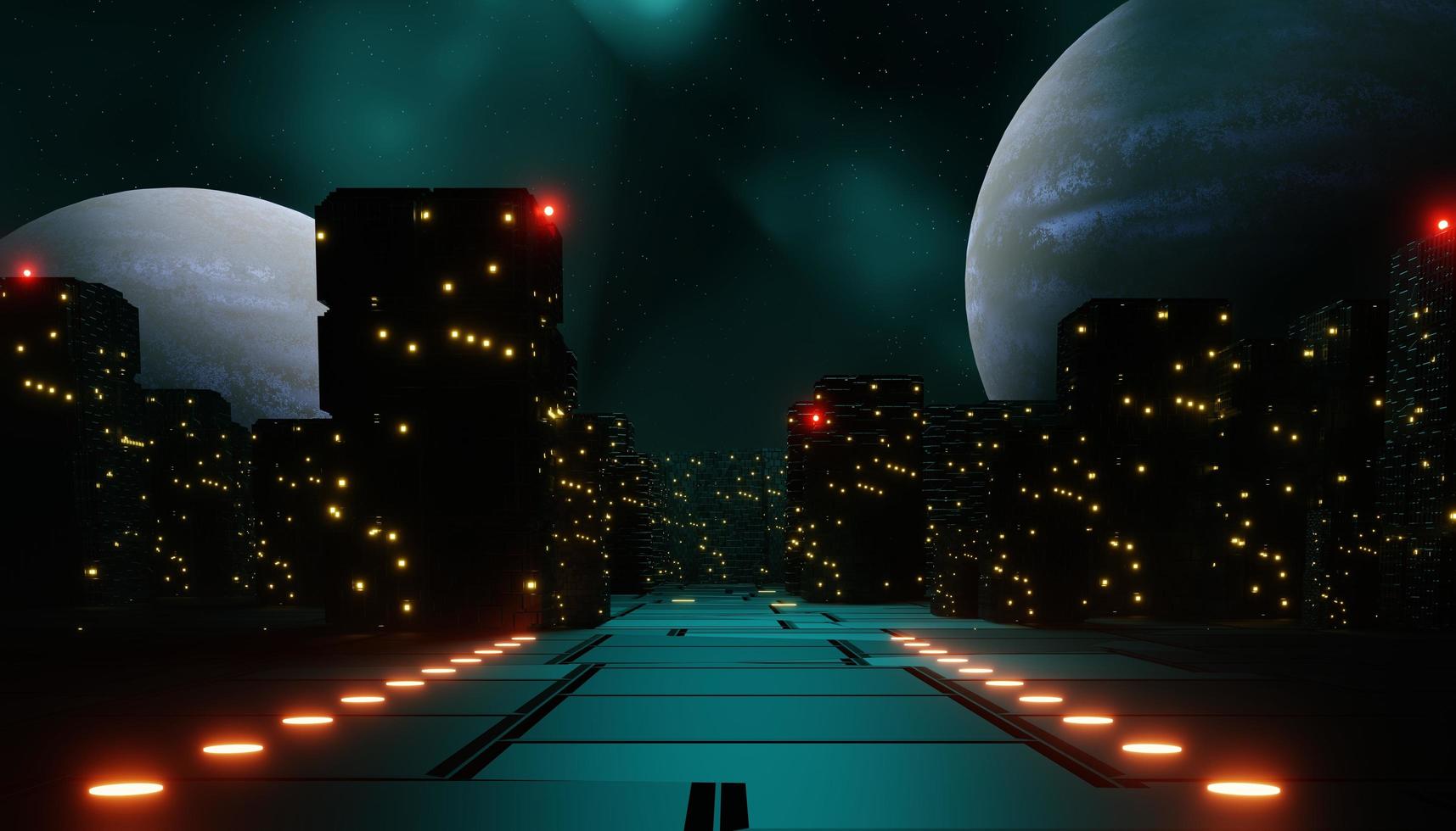 3D render van neon en licht gloeien op donkere scène. cyberpunk nacht stad concept. nachtleven. technologie netwerk voor 5g. voorbij generatie en futuristische scène. sci-fi patroon thema. foto