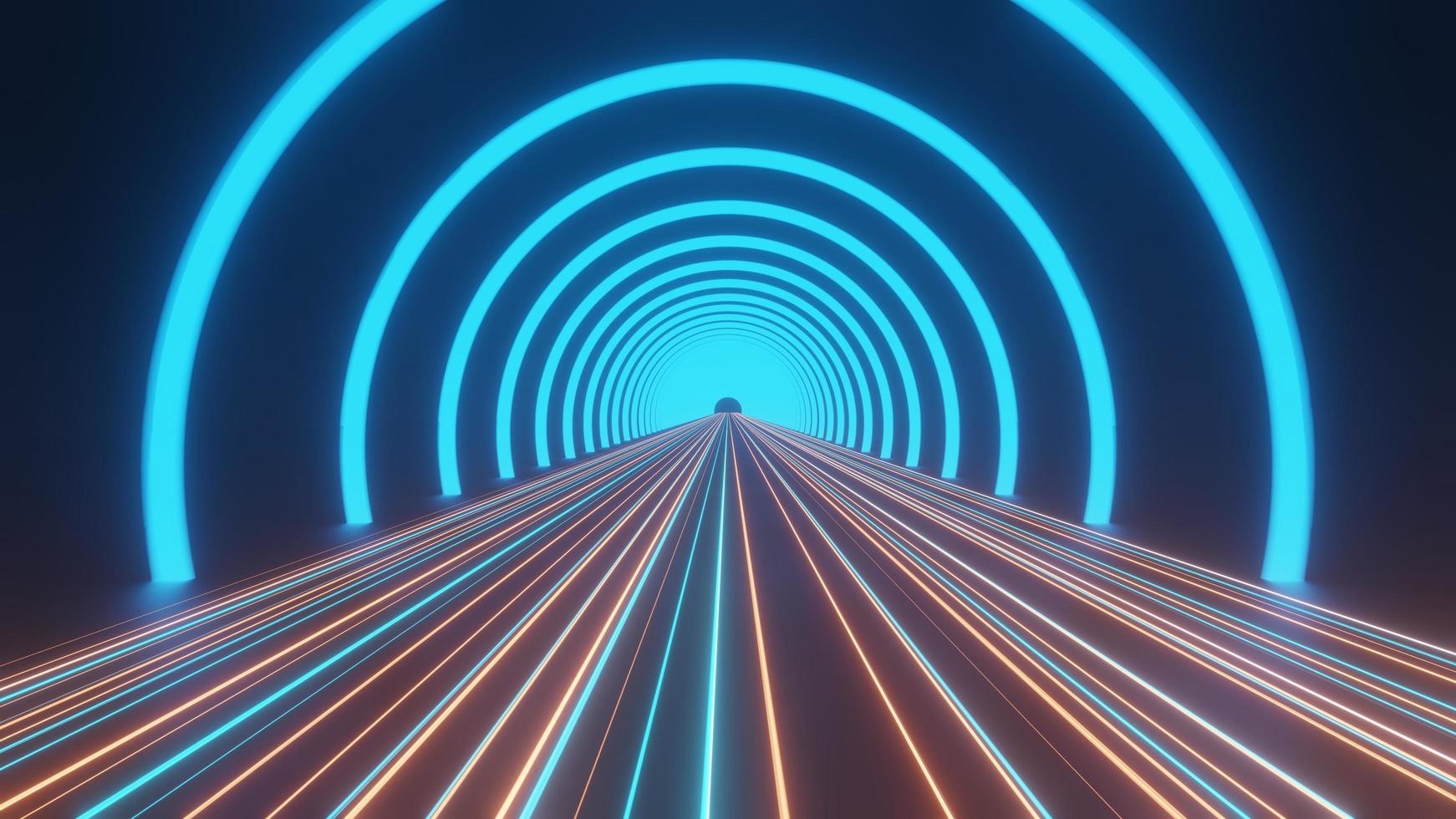 3D render van flash neon en licht gloeien op donkere scène. snelheidslichttunnel door de stad of stad. technologie internet van toekomstig netwerk. sci fiction van hyperspace interstellaire reizen. foto