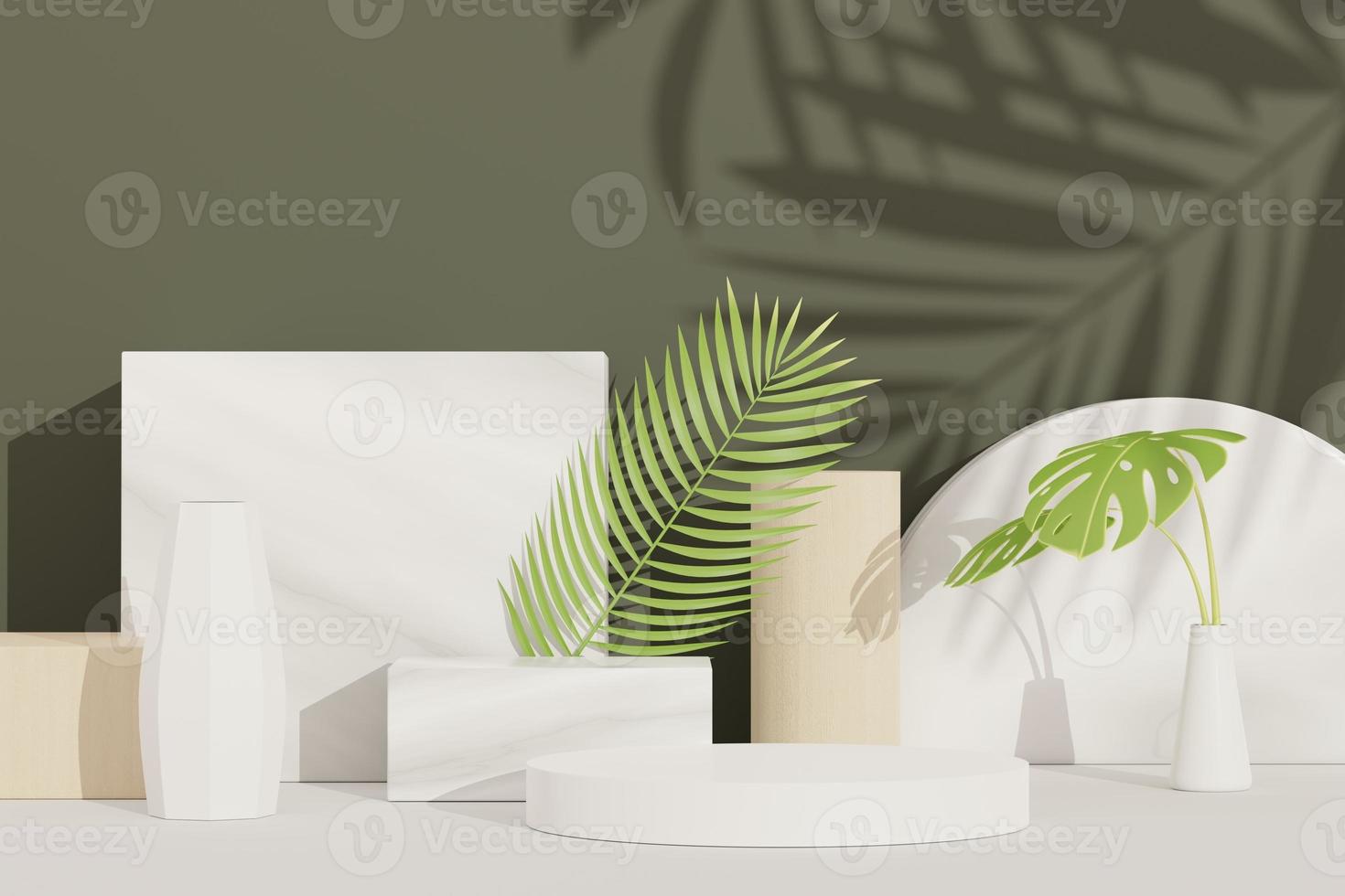 3D render van abstracte voetstuk podium display met tropische monstera bladeren. product- en promotieconcept voor reclame. groene natuurlijke achtergrond. foto