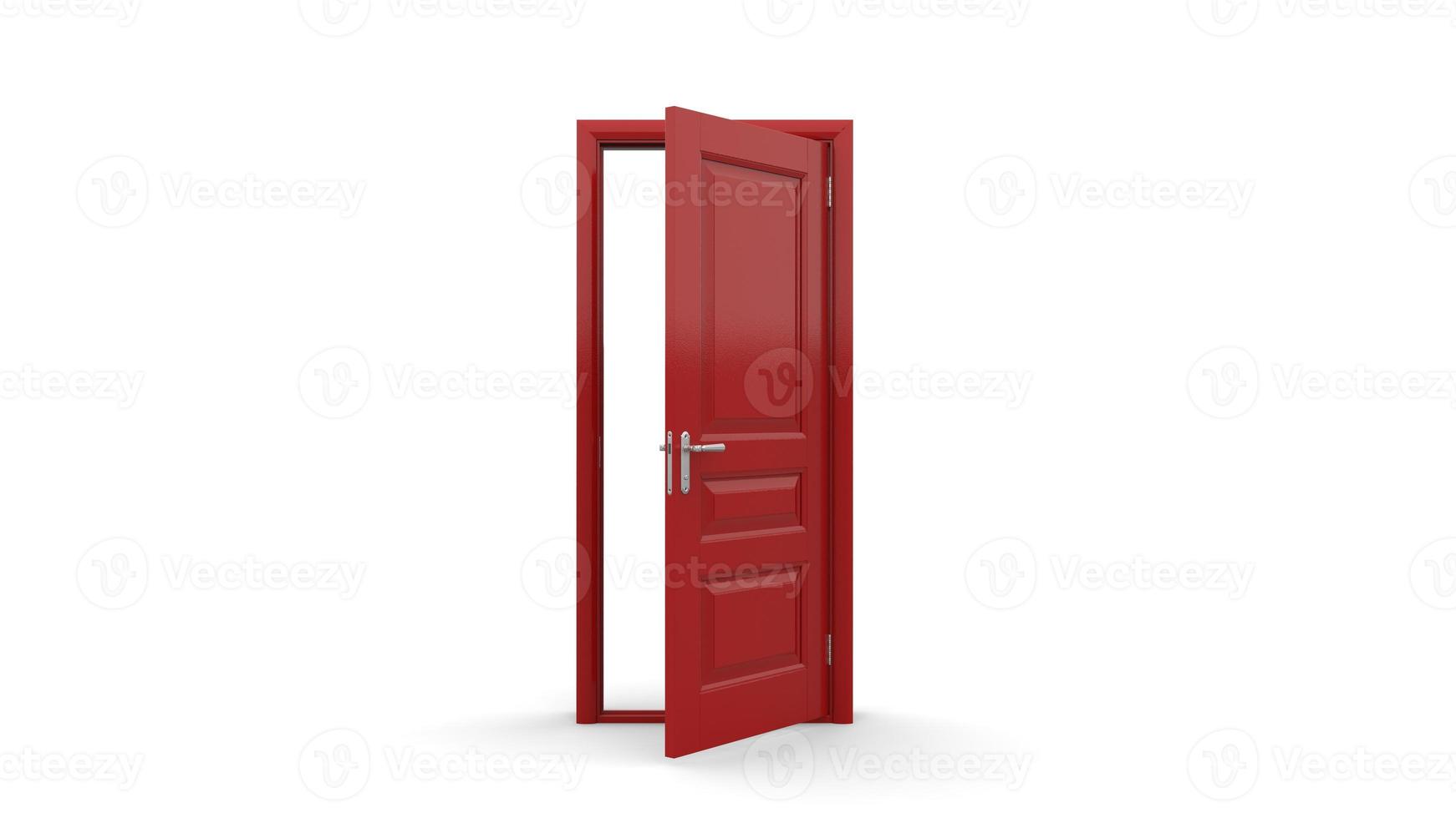 creatieve illustratie rode deur van open, gesloten deur, ingang realistische deuropening geïsoleerd op achtergrond 3d foto