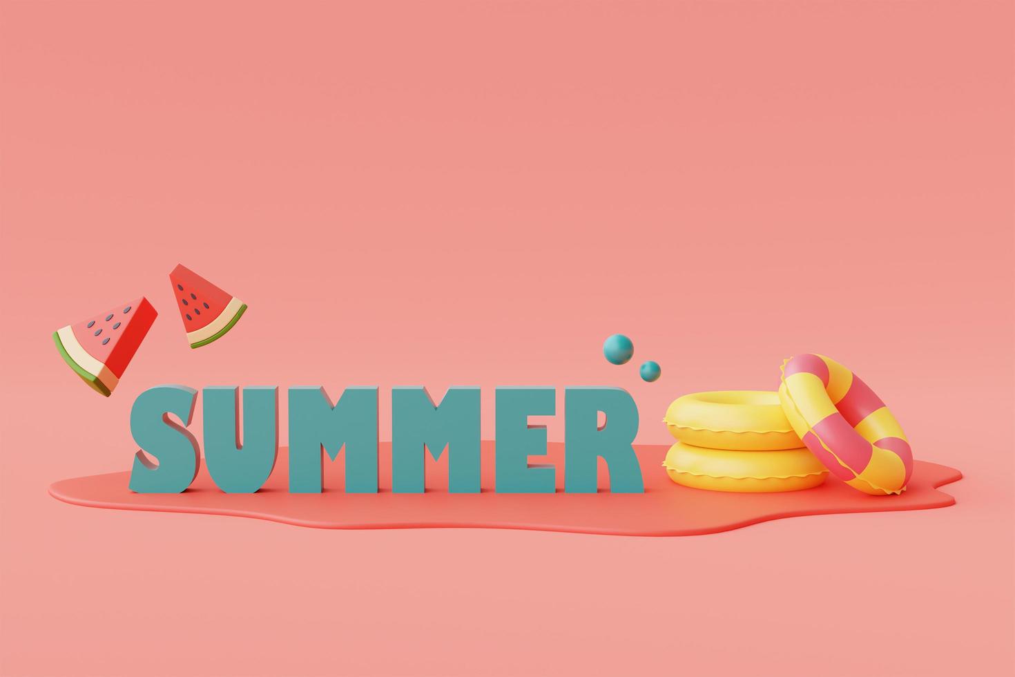 3D-weergave van zomervakantie concept met kleurrijke zomer elementen, minimale style.3d render. foto