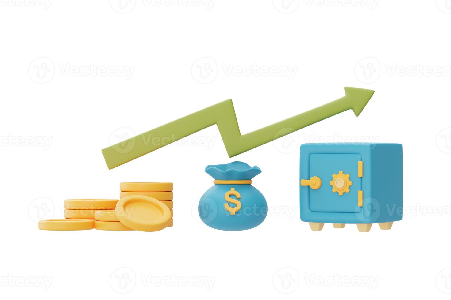 financiële investeringen toekomstig inkomensgroeiconcept met muntstapels, muntzak en kluis, geld besparen of rente verhogen, 3D-rendering foto