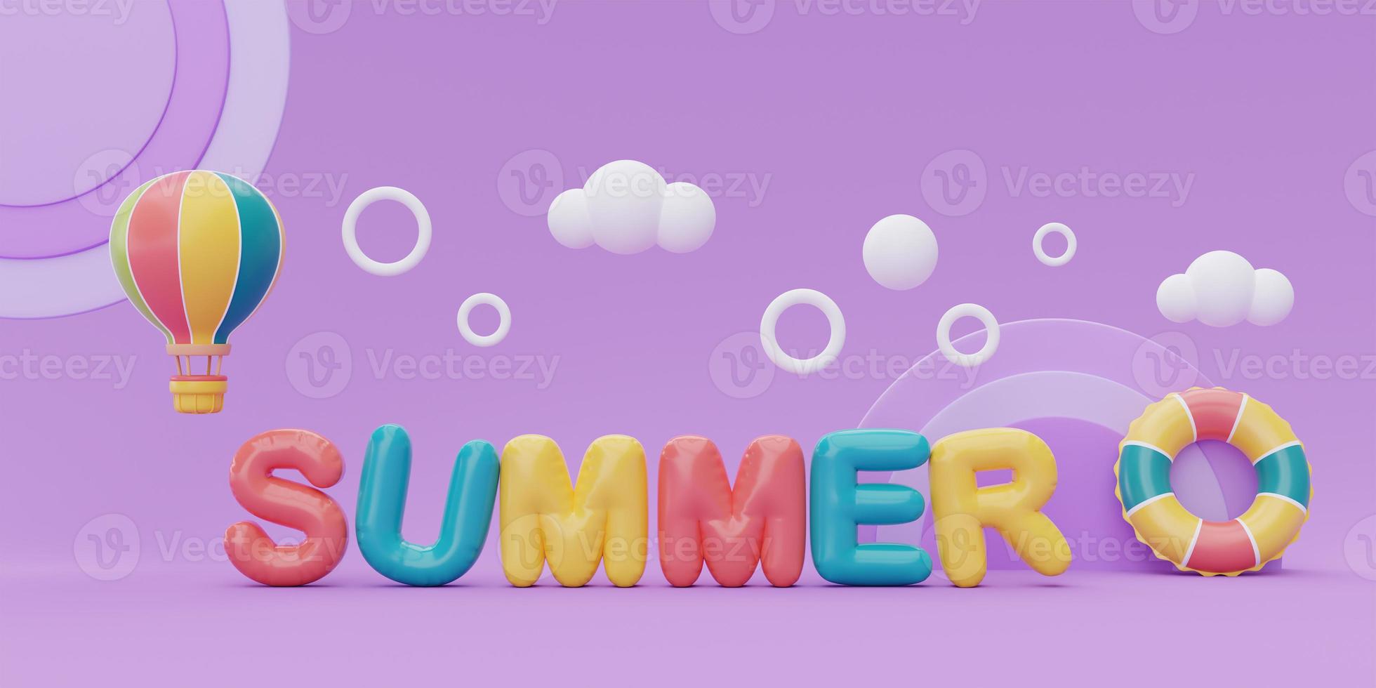 zomertijd concept met kleurrijke hete luchtballon en zomer strand elementen, 3D-rendering. foto