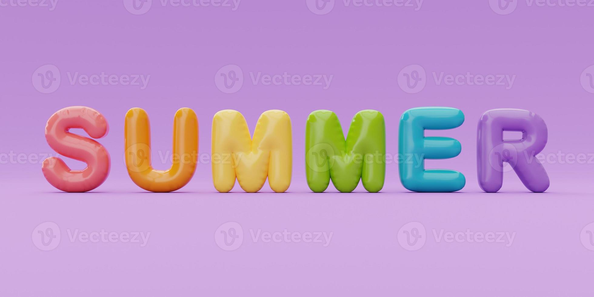 kleurrijke ballon tekst van zomer isoleren op paarse achtergrond, zomertijd concept, 3D-rendering. foto