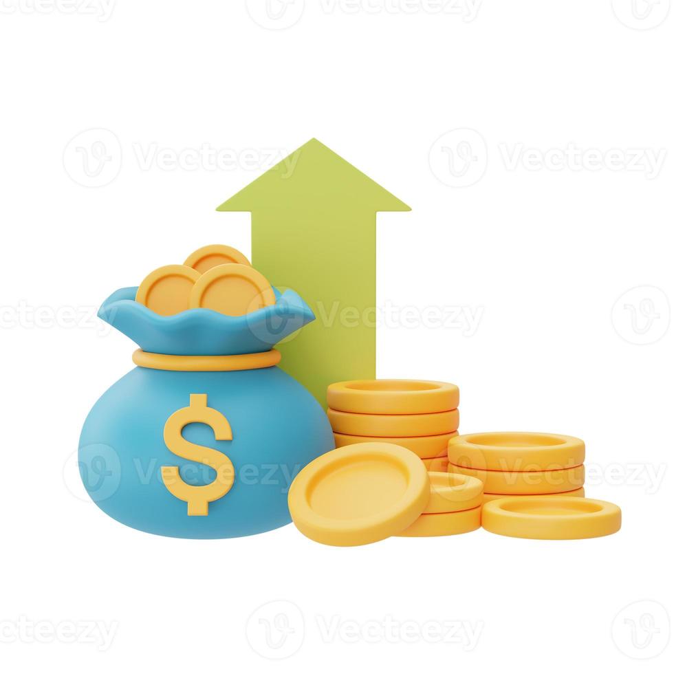 financiële investeringen toekomstig inkomensgroeiconcept met muntstapels, muntzak en pijl, geld besparen of rente verhogen, 3D-rendering foto