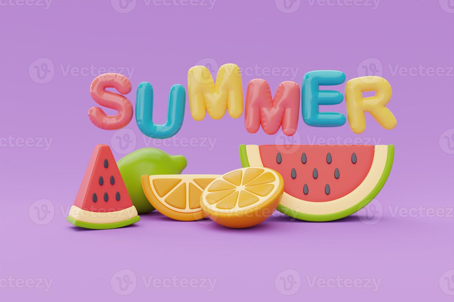 kleurrijke zomervruchten met watermeloen, citroen, sinaasappel, zomertijd concept, 3D-rendering. foto
