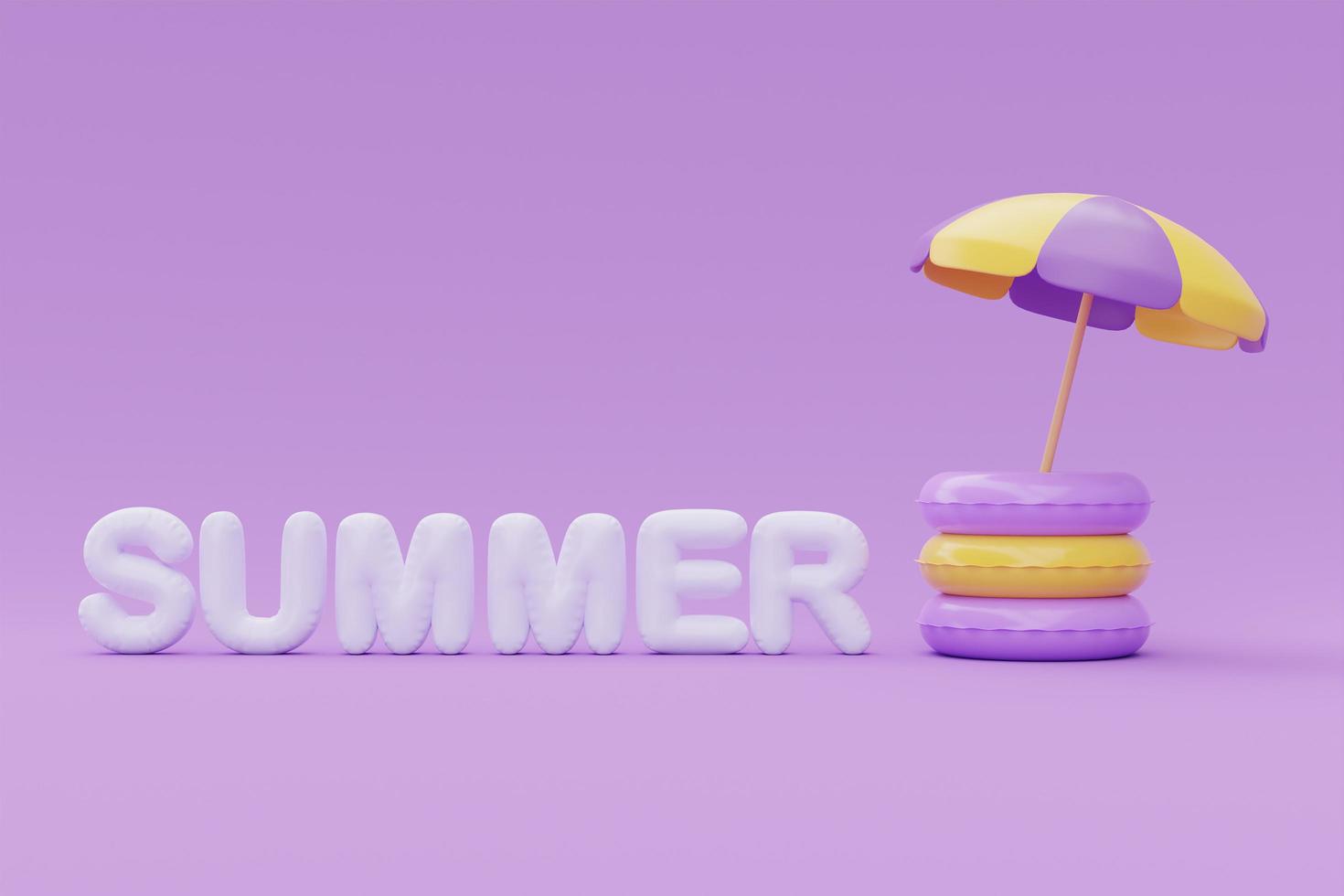 zomertijd concept met opblaasbare ring en parasol op paarse achtergrond, 3D-rendering. foto