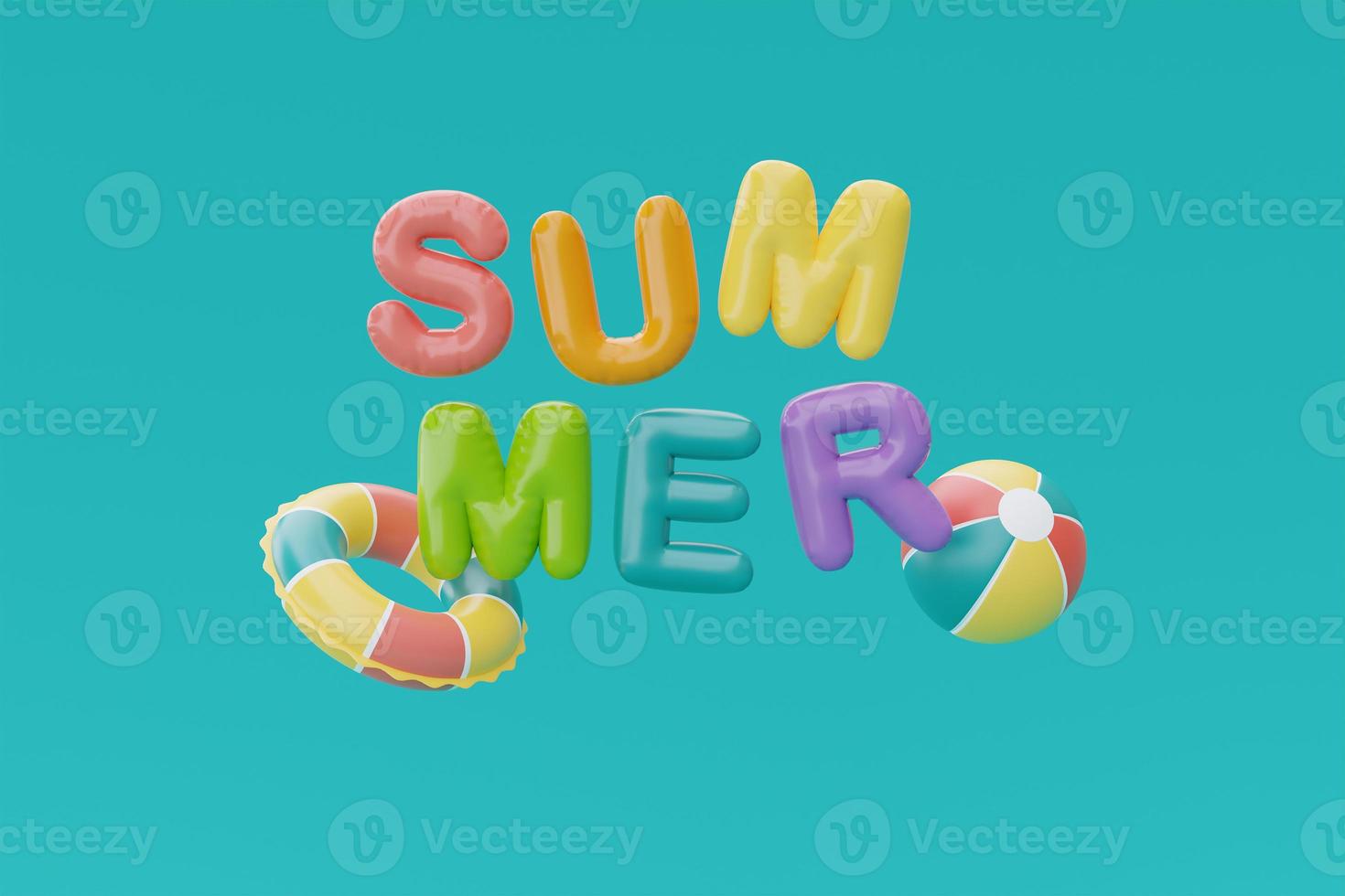 zomertijd concept met kleurrijke ballon tekst van zomer en strand elementen op blauwe achtergrond, 3D-rendering. foto